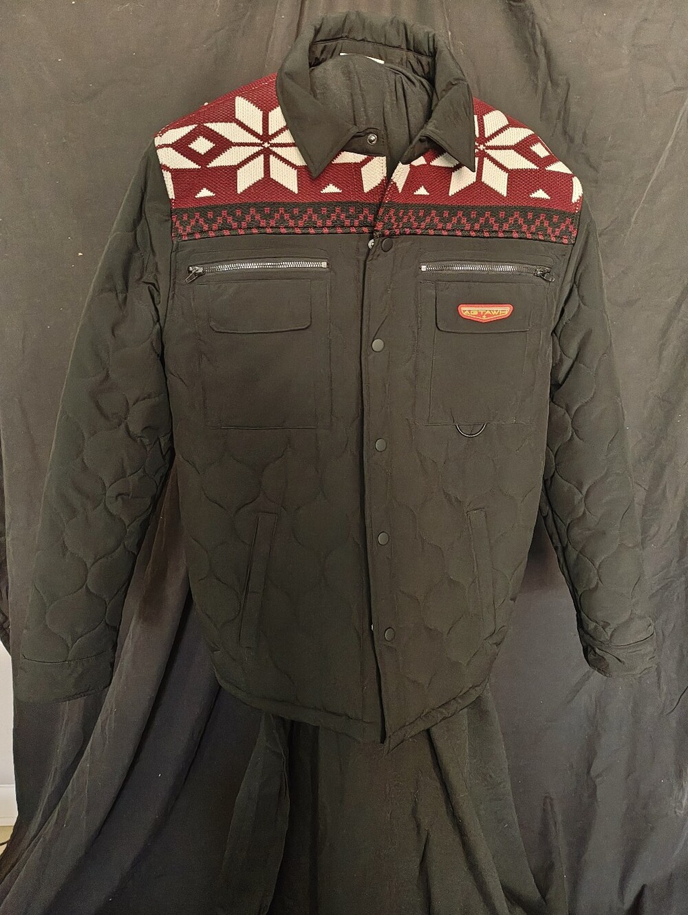 Men's Quilted Black Jacket with Red Nordic Yoke